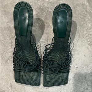 Bottega Veneta Jute Slide Green Woven Women's Heels